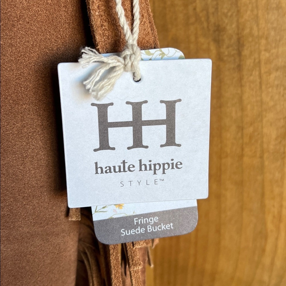 Haute Hippie | Honey Tan Suede Bucket Bag w/ Fringe and Adjustable Buckle - Picture 3 of 11